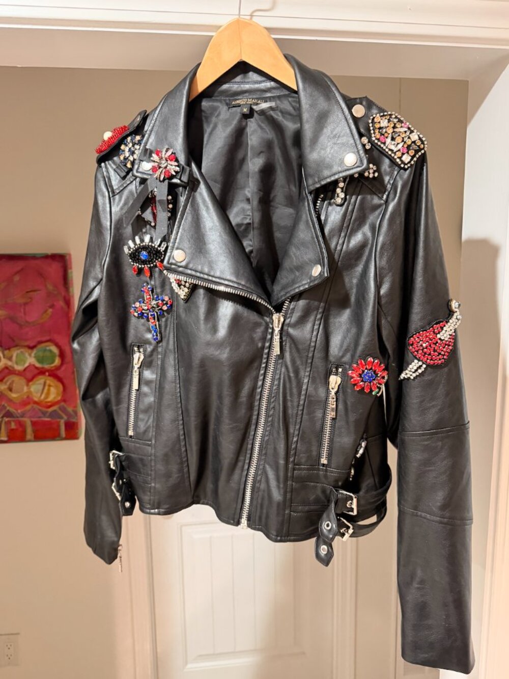 Alberto Makali Black Leather Jacket with Crystal Embellishments sized Medium